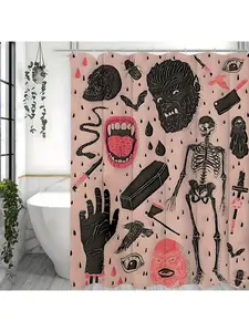 Vintage Halloween Shower Curtain Set Black, Heavy Duty Waffle Fabric, Creepy Gothic Skeleton Skulls Bats Fun Cute Halloween Shower Curtains With Hooks Scary Spooky Horror Bathroom Decor