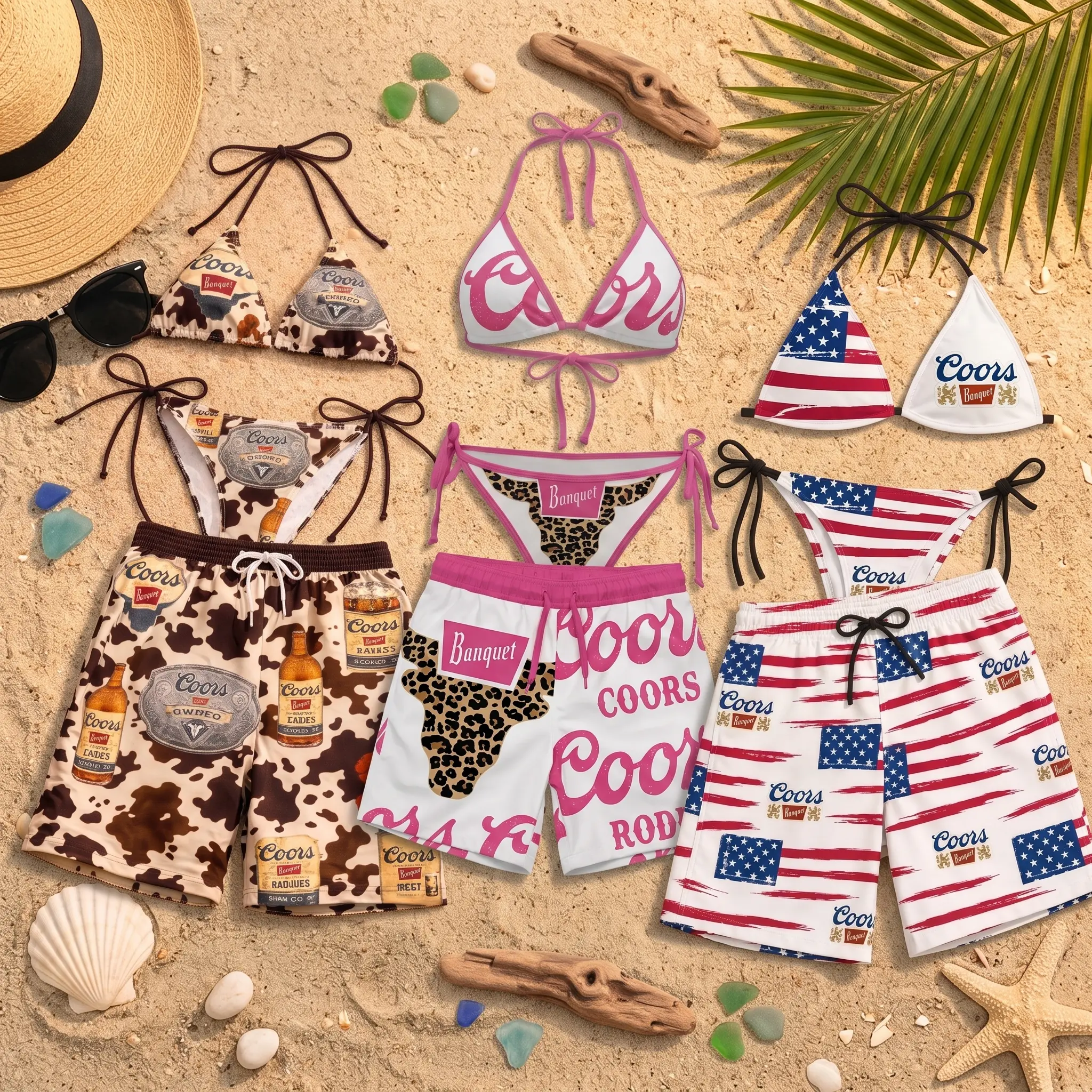 Matching Coors Banquet Beachwear Collection, Couples Bikini and Men Swim Trunks Set, Cow Print Rodeo Beer Logo Swimsuit, American Flag Summer Outfit, Pool Party Vacation Gift for Men Women, 4th of July Beach Set