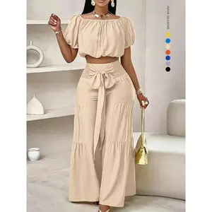 Women's Solid Color Top & Wide Leg Pants Set, Casual Off Shoulder Top & Palazzo Pants for Summer, Ladies Clothes for Beach Holiday Vacation, Womenswear