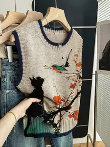 Women's Casual Loose-Fitting Round Neck Sleeveless Knit Top, Colorblock Edge Cat Print Sweater Knitwear for Fall & Winter