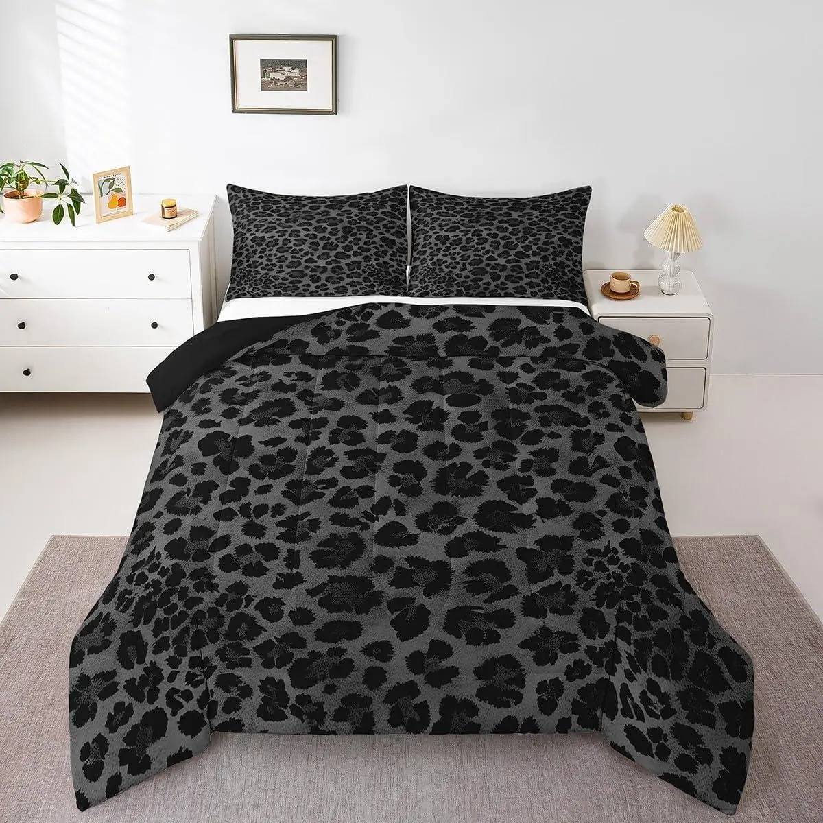 Leopard Bedding Set Black Gray Animal Print Comforter Cheetah Bedding Set Bedroom Decor Leopard Fur Print Duvet Safari Quilt