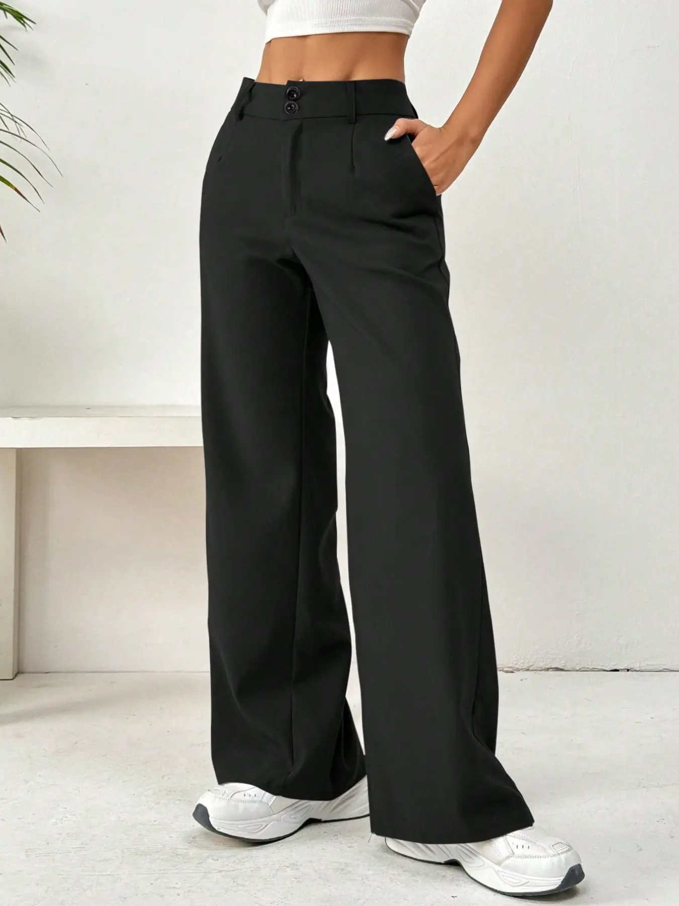 Women's Summer Lightweight Plain Minimalist Casual Straight-Leg Suit Pants, High Waist Loose-Fitting Double-Breasted Long Trousers, elegant blazer pants, Office Clothes, Office Workwear, Classic Office Wear, Womenswear