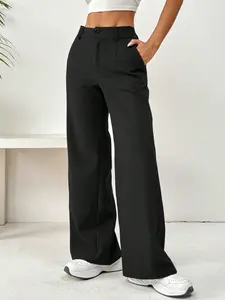 Women's Summer Lightweight Plain Casual Straight-Leg Suit Pants, High Waist Loose-Fitting Double-Breasted Long Trousers, Womenswear