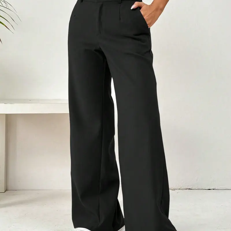 Women's Summer Lightweight Plain Casual Straight-Leg Suit Pants, High Waist Loose-Fitting Double-Breasted Long Trousers