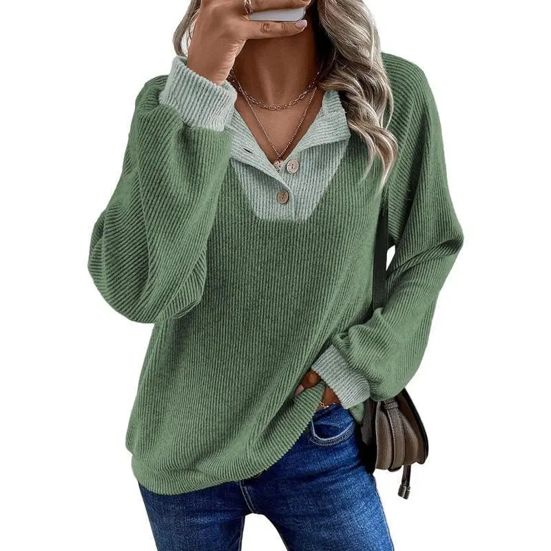 Women's Fall Fashion: Long Sleeve Patchwork Button-Up - Womenswear, Everyday Casual Pullover Tops
