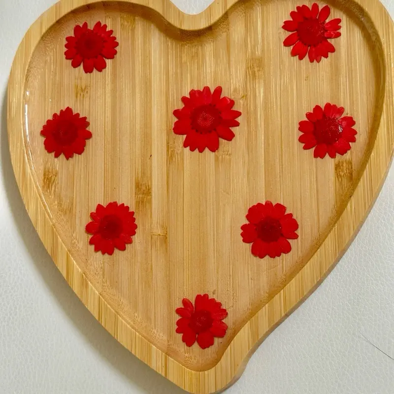 Heart Shaped Wood Serving Platter with Real Pressed Flowers 8-inch Handcrafted Platter for Side Dishes & Table Decor Valentine's Day Gift Jewellery Organizer