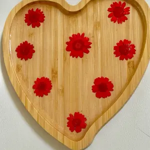 Heart Shaped Wood Serving Platter with Real Pressed Flowers 8-inch Handcrafted Platter for Side Dishes & Table Decor Valentine's Day Gift Jewellery Organizer