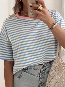 Women's Striped Oversized T Shirts Casual Drop Shoulder Short Sleeve Tops Contrast Crewneck Summer Tees