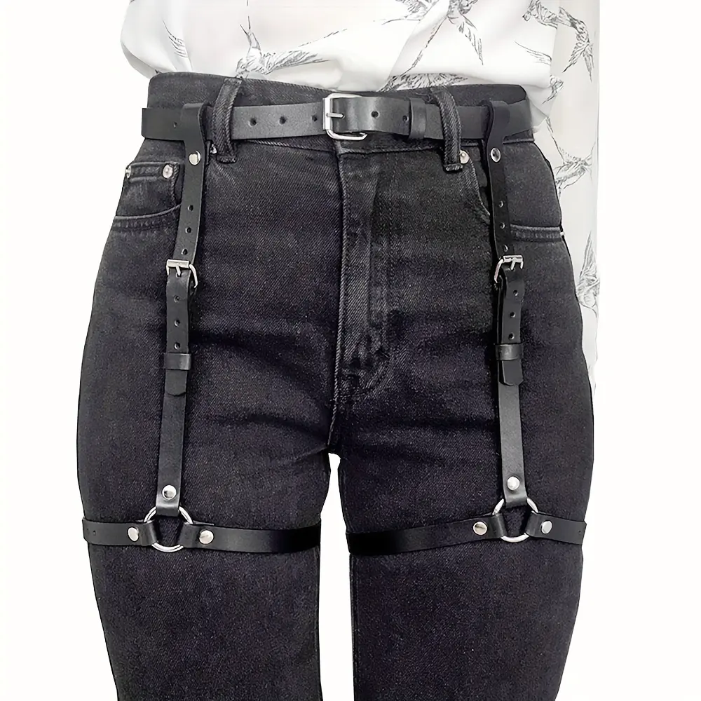 Goth Punk PU Leather Harness Belt for Women, Adjustable Double Thigh Straps with Alloy O-Rings, Edgy Accessory for Concert & Festival Outfits, Heavy Duty, Belts Set, Dual Thigh Straps, Edgy Goth, Female, O-Ring Details, Waist Accessories, Statement Belts