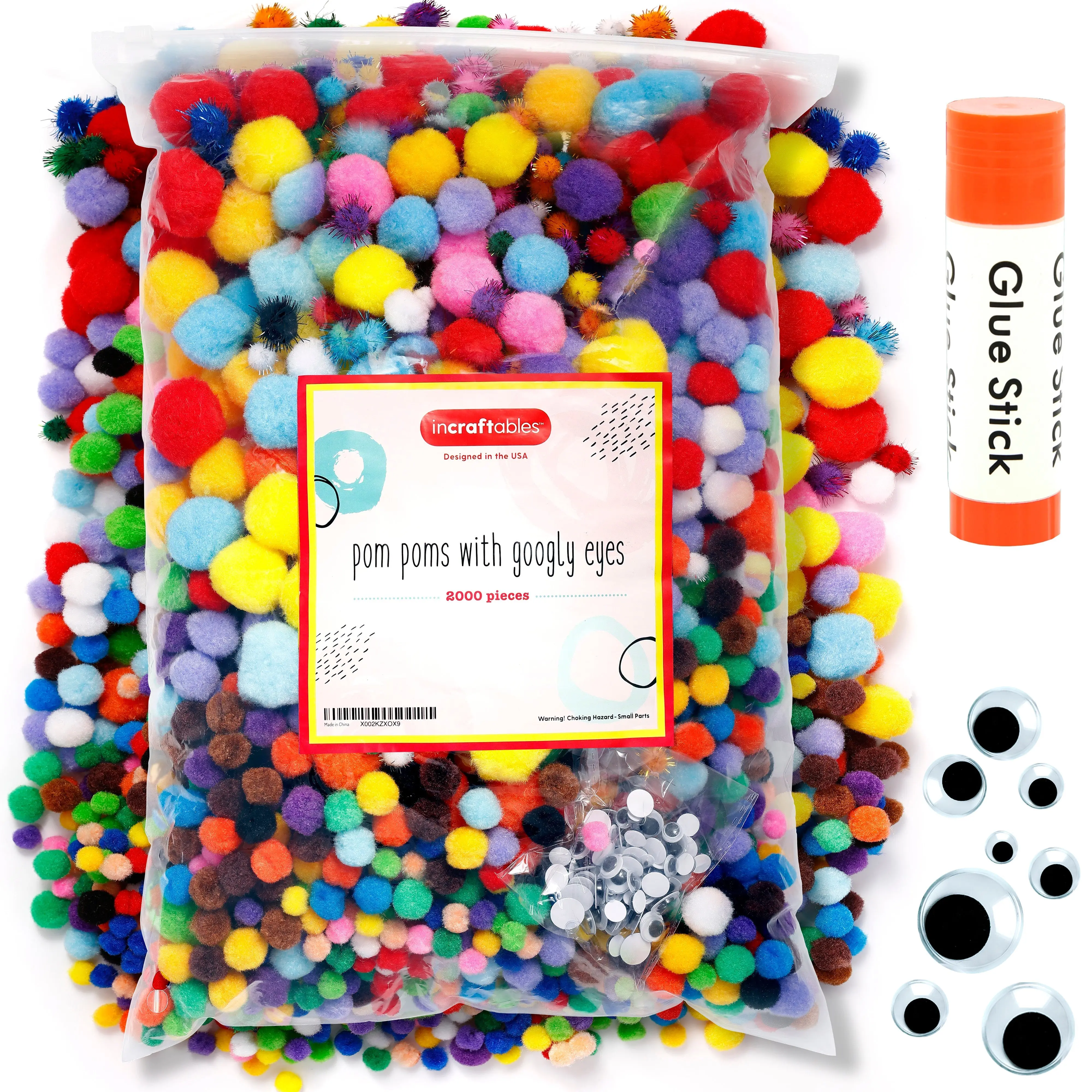 Incraftables 2000 Pcs Pom Poms with Googly Eyes & Glue Stick. Best Colored & Glitter Cotton 0.4 to 1.4 inch Balls for DIY Craft, Hats & Decorations. Multicolor Puffy Pompom Gift Set for Kids & Adults