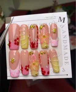 Handmade Press On Nails 10Pcs - 3D Flower & Shell Charm Long Square Fake Nails, Pink Yellow Gradient Ombre Nails with Gold Starfish/Pearl Accents, Jelly Drop & Wave Texture Reusable Nail Tips for Summer Beach Party Daily Wear
