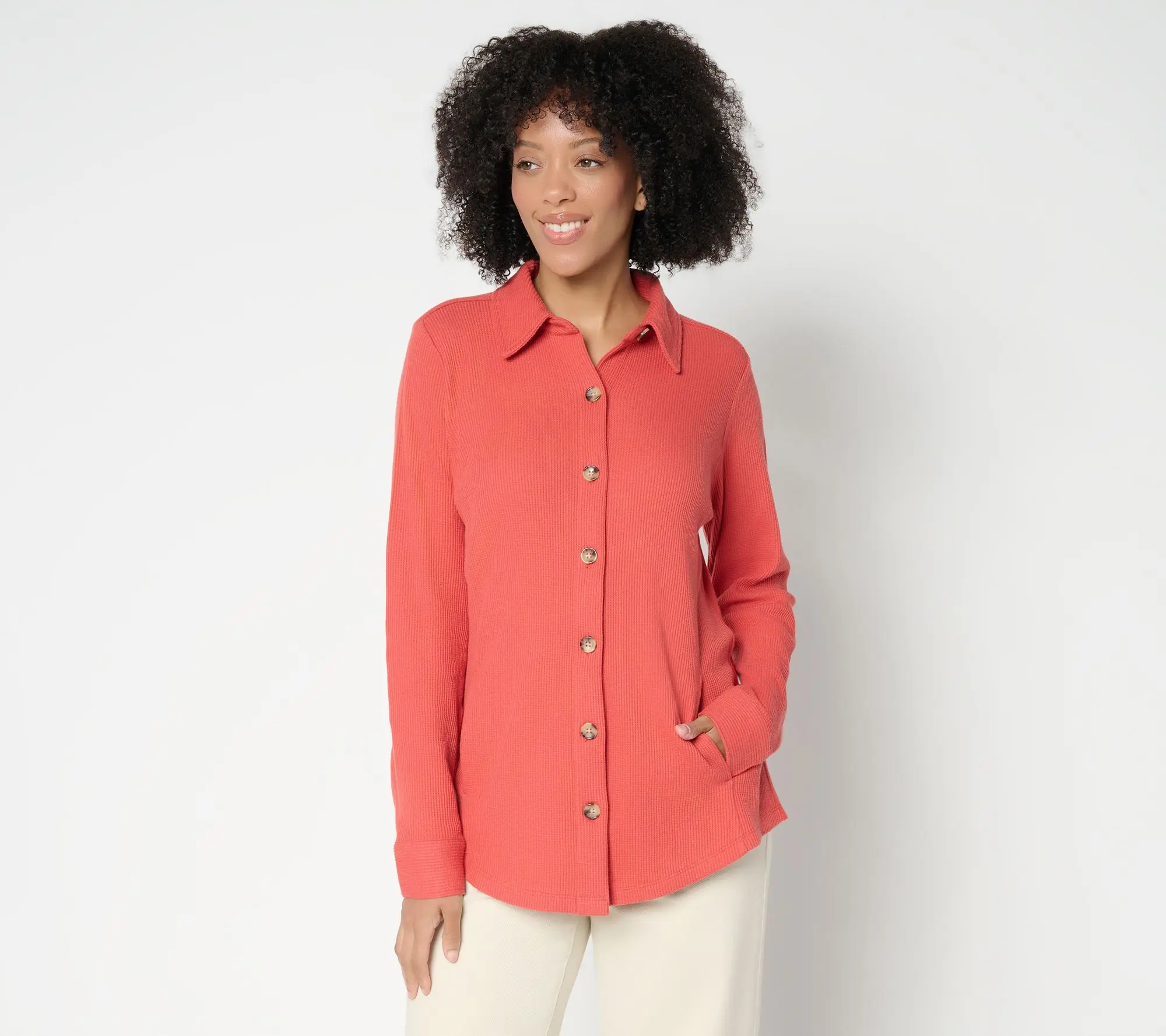 Belle by Kim Gravel Petite Waffle Knit & Jersey Button Front Top