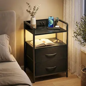 Night Stand with Charging Station, LED Nightstand with Storage 2 Shelfs & 2 Fabric Drawers, Morden End Table with U-S-B Ports & AC Outlets, Black