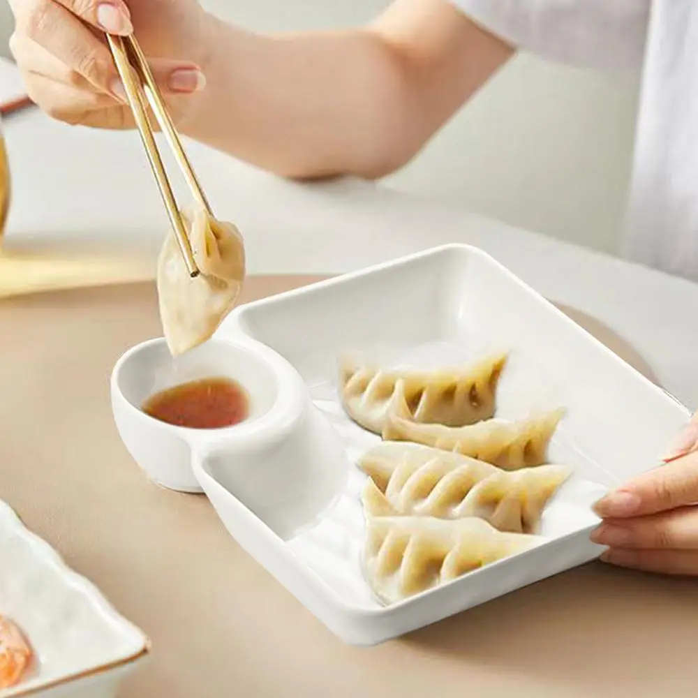 Square Dumpling Plate with Sauce Dish, 1 Count Dumpling Plate with Sauce Holder, Home and Canteen Use Dumpling Serving Plate, Tableware for Home Kitch