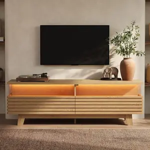 HAUOMS  TV Stand for Living Room with Cable Management, Hidden Power Station, LED Lights, Media Console up to 70", Entertainment Center, Fluted Modern TV Cabinet with Storage, Anti-Tip