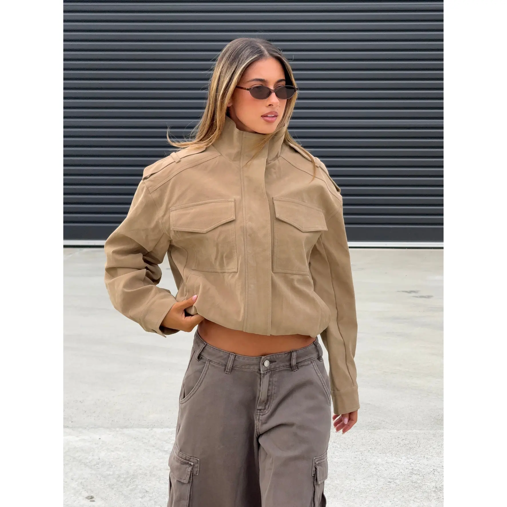 Double Life Funnel Neck Cargo Jacket Beige