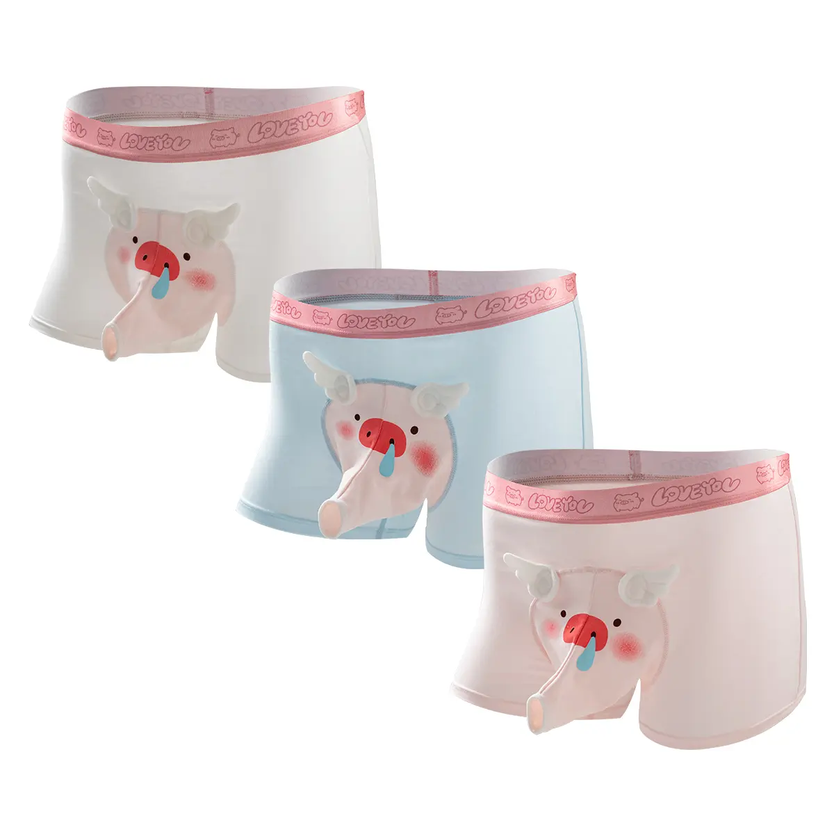 Men's Cute Pig Boxer Trunks 3 Pack Breathable Cotton Underwear with Open Front 3D Pouch Wide Waistband Funny Gift for Boyfriend