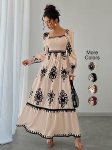 women's all over print shirred bishop sleeve a line dress, longsleeves dress for fall & winter, women's clothing for vacation holiday, dresses for women, womenswear, classy modest dresses, casual dresses