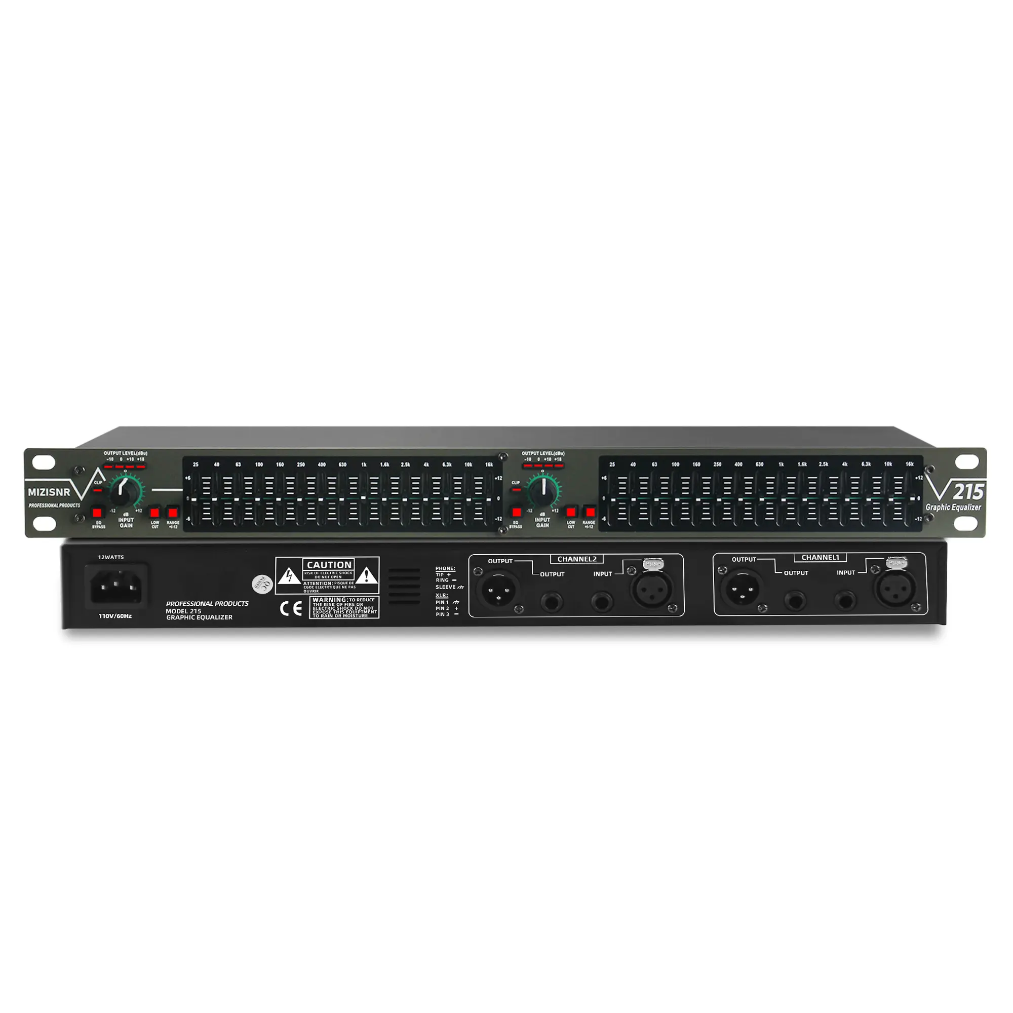 1U Rack Mount Dual-Channel Pro Stereo Audio Equalizer (EQ-215-n(dark green)), 15-Band Adjustment, Noise Reduction, 1-in-1 Sound Optimization for Home/DJ Use