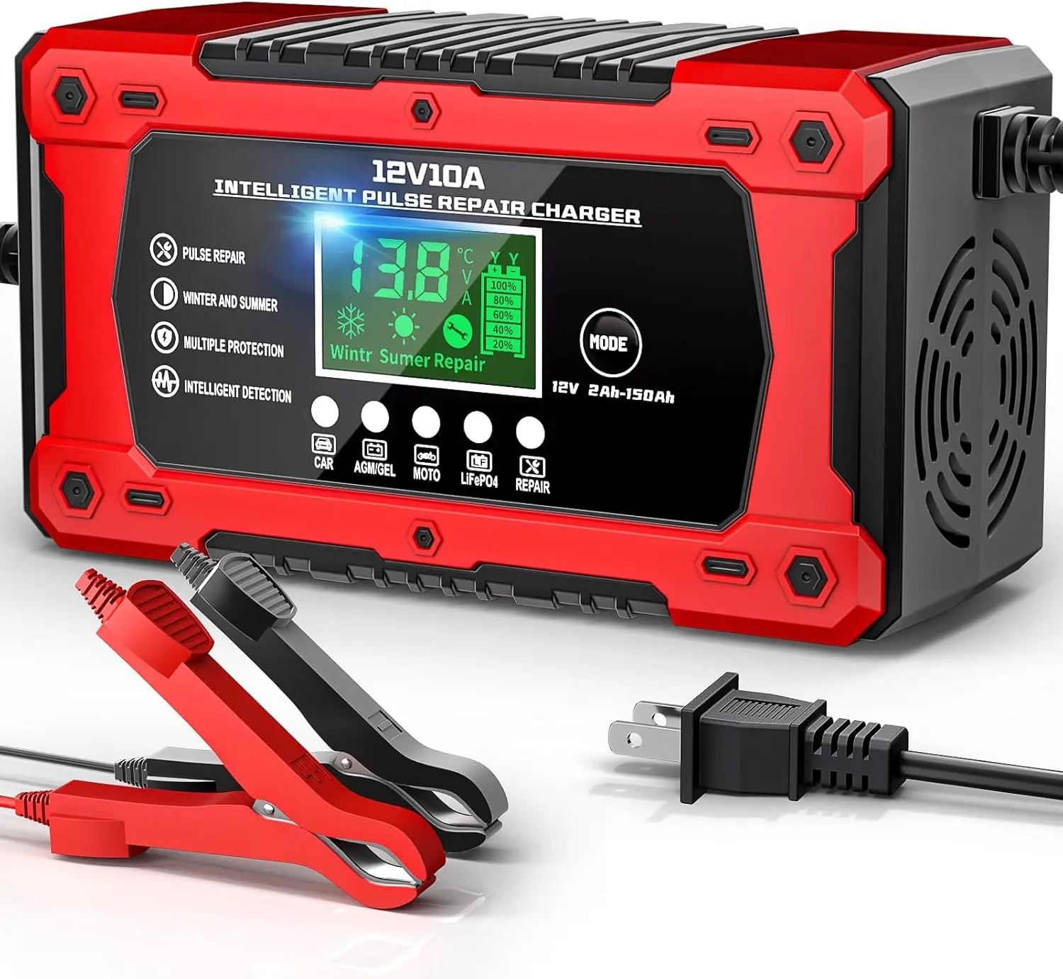 10A 12V Battery Charger for Car Fully Automatic Smart Trickle Charger & Maintainer with LCD Display, Temperature Compensation for Truck, Motorcycle, Boat, Lawn Mower