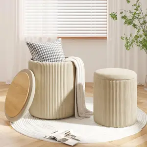 Round Ottoman Vanity Stool with Storage Set of 2, Beige Velvet Round Ottoman with Storage, Multifunctional Round Storage Ottoman Foot Rest, Storage Ottoman Round with Storage for Living Room
