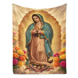 Our Lady of Guadalupe with Rainbow Roses Flannel Blanket Soft Cozy Plush Throw Perfect Religious Gift for Catholics Devotees Warm Snuggle Blanket for Bedroom Prayer Space Iconic Sacred Art Design