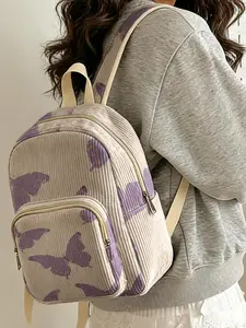 1 piece of purple butterfly pattern 2D printed lady's backpack, velvet texture + layered storage + light weight reduction | perfect for students going to class/shopping/short trips | combines atmosphere with practicality