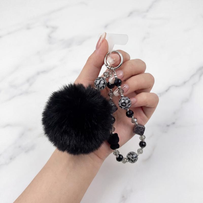 Minimalist Phone Charm Strap with Beads & Plush Pom – Cute Wrist Lanyard Keychain for Phone Case, Stylish Daily Accessory
