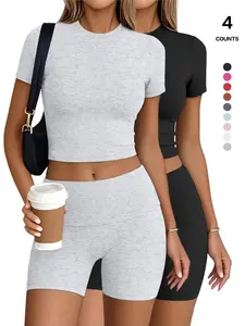 Women’s Seamless 2-Piece Workout Set, Slim Fit T-Shirt & High Waist Biker Shorts, Ultra-Soft Stretchy Fabric, Ideal for Yoga & Gym, Seamless Yoga Sportswear