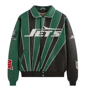 Women's Kith x Jeff Hamilton NFL Jets Multicolor Leather Varsity Jacket, Long Sleeve Casual Outerwear Tops