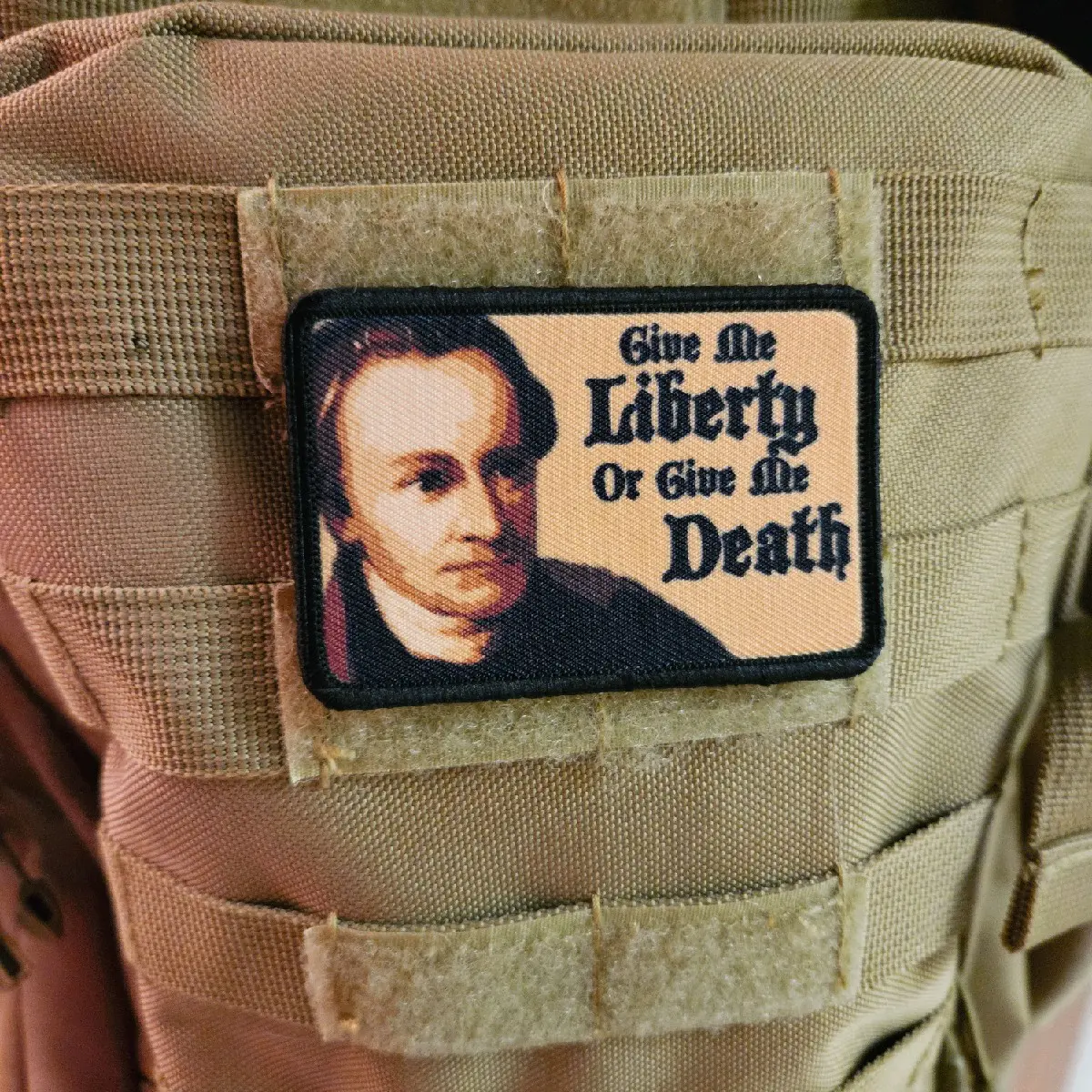 LIBERTY or DEATH Patrick Henry 2"x3" morale patch with hook and loop backing green background