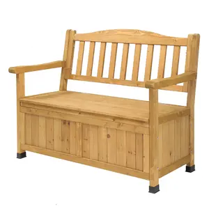 44" Outdoor Wooden Storage Bench with Hidden Storage 2-in-1 Patio Loveseat Wavy Backrest Armrests Premium Fir Wood Honey Tone Finish