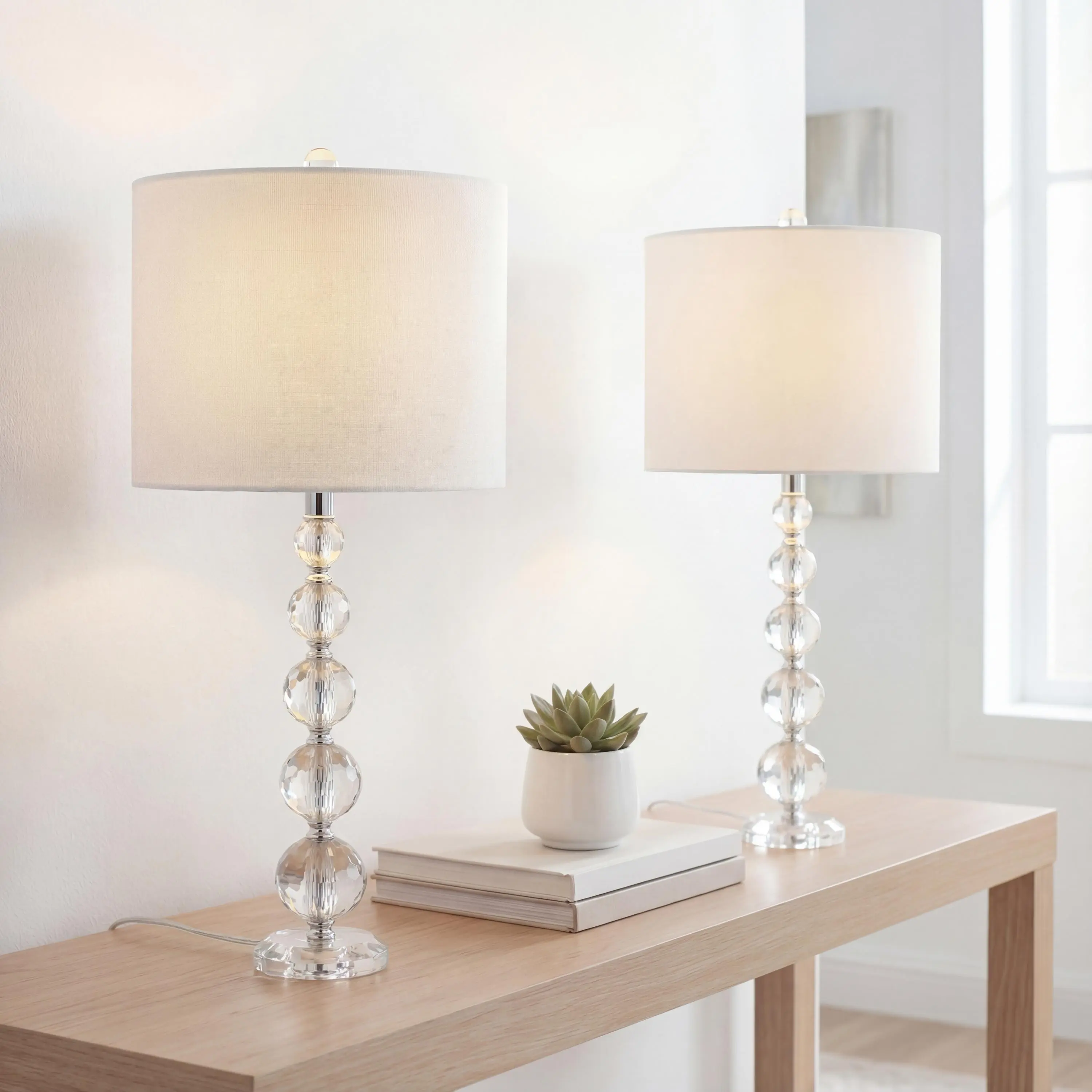 JONATHAN Y Nala Crystal Sphere Metal Lamp 28.5", Clear/Chrome, Set of 2 | White Linen Drum Shade, LED Bulbs Included, Faceted Graduated Base, Traditional Contemporary Decor, Table Nightstand Light