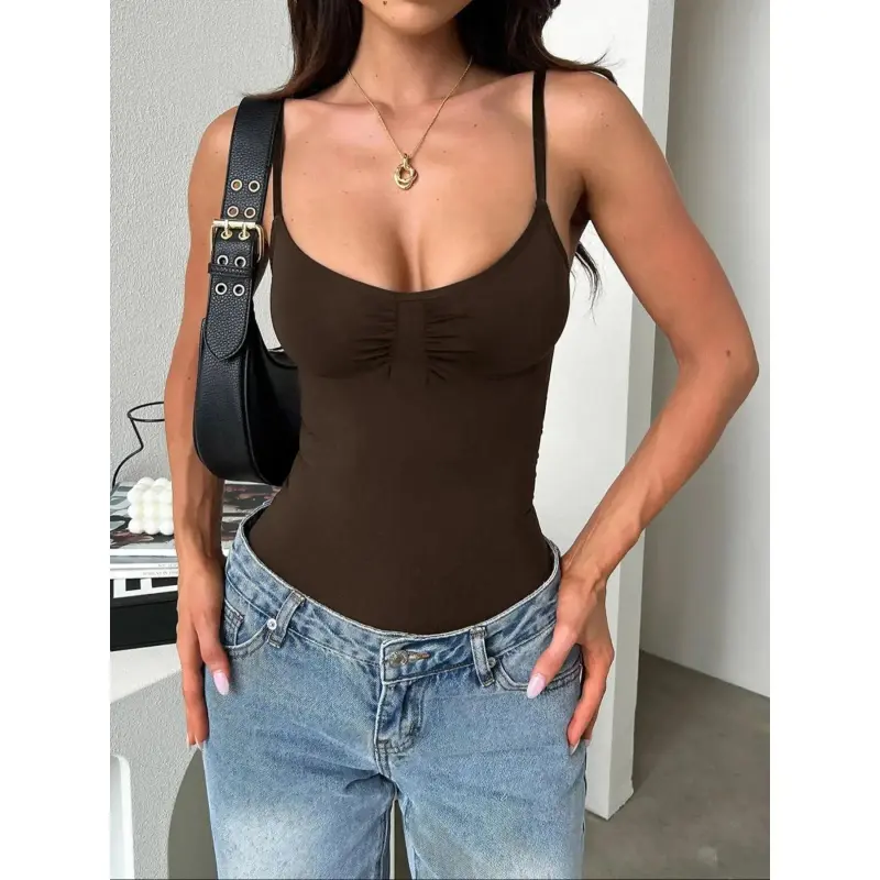 Women's Solid Color Bodysuit, Casual Sleeveless Bodysuit Daily Wear, Ladies Clothes All Seasons, Tummy Control Clothing
