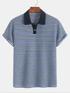 Men's Striped Print Polo Shirt, Buttoned Polo Shirt, Casual Comfy Short Sleeve Top for Summer, Fashion Men's Clothes for Daily Wear