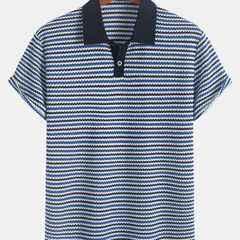 Men's Striped Print Polo Shirt, Buttoned Knitted Polo Shirt, Cool Casual Comfy Short Sleeve Top for Summer, Fashion Men's Clothes for Daily Wear, Casual Polo Shirts