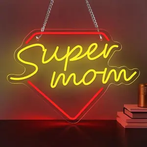 Super Mom Letter Design LED Neon Sign, USB Powered Acrylic Light with Heart-shaped Design, Novelty Lighting for Bedroom, Party, Holiday Decor