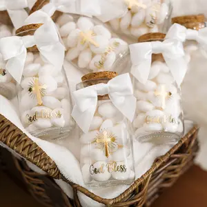 Baptism Glass Bottles for Baby Showers & Christening Party Favors with Thank You Stickers White Bows for Table Centerpieces Gifts