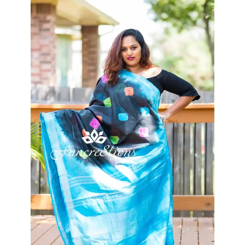 Handwoven organic pure Shibhori printed linen saree black and blue border tassels pallu saree