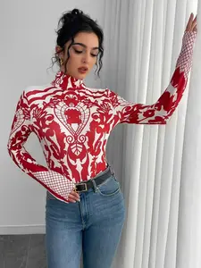 A women's red and white retro patterned high-necked long-sleeved tight jumpsuit, suitable for autumn and winter, suitable for retro modern style, daily fashion style and so on.