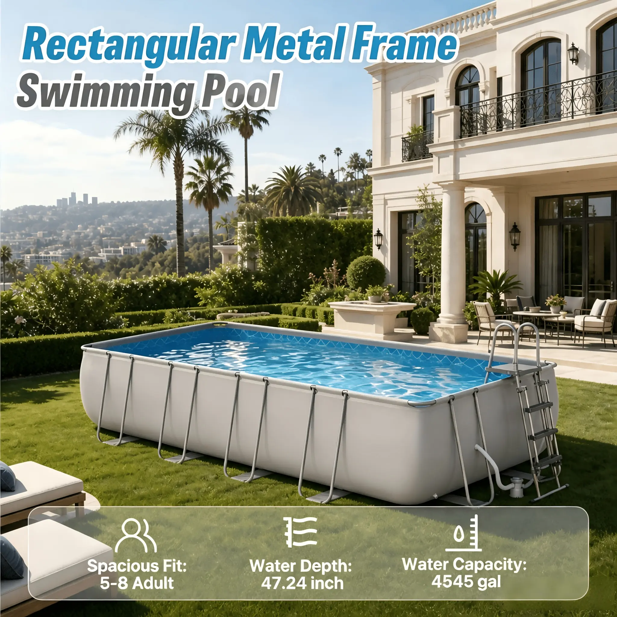 17.7ft X 8.9ft X 3.9ft Ultra Metal Frame Outdoor Swimming Pool Set with Filter Pump, Ladder And Pool Cover, Above Ground Pool for Family Time, Grey