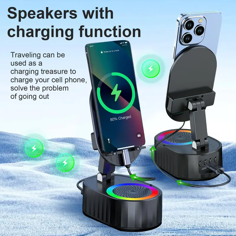 AKLLCCR 5-in-1 Wireless Bluetooth Speaker - 5.3 HD Surround Subwoofer Audio, 5000mAh Emergency USB Chargeable Power Bank, Induction Charging, LED Lights, Smartphone/Tablets Stand