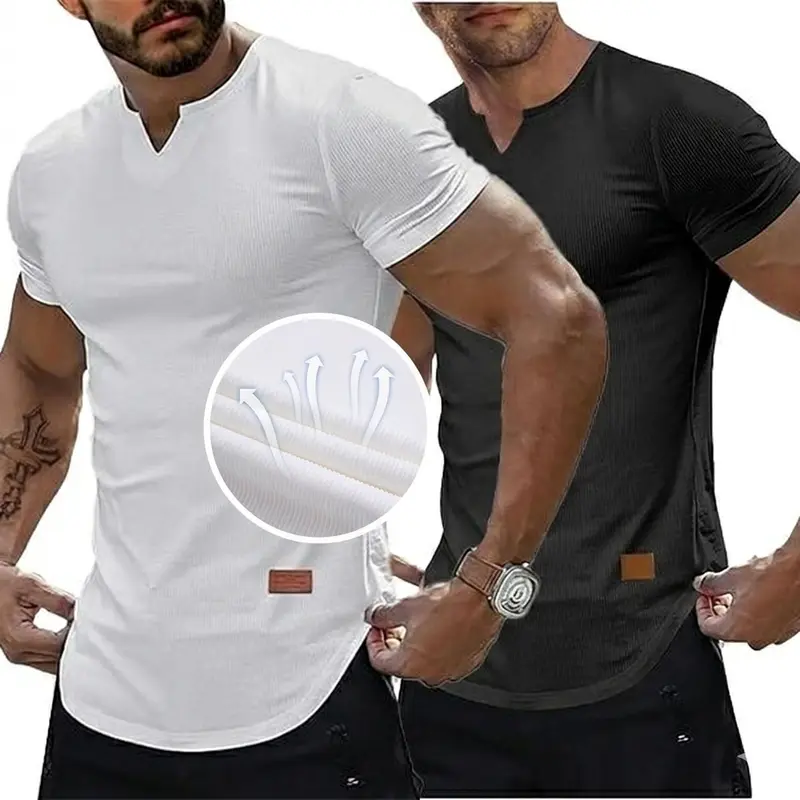 Royaura Men's 2-Pack Slim-Fitting Plain V-Neck Short Sleeve Elastane Jersey Tees - Minimalistic Athletic Fashion Activewear, Gym Outfits, V-Neck Looks Slim Mensfashion Tops for Daily Wear