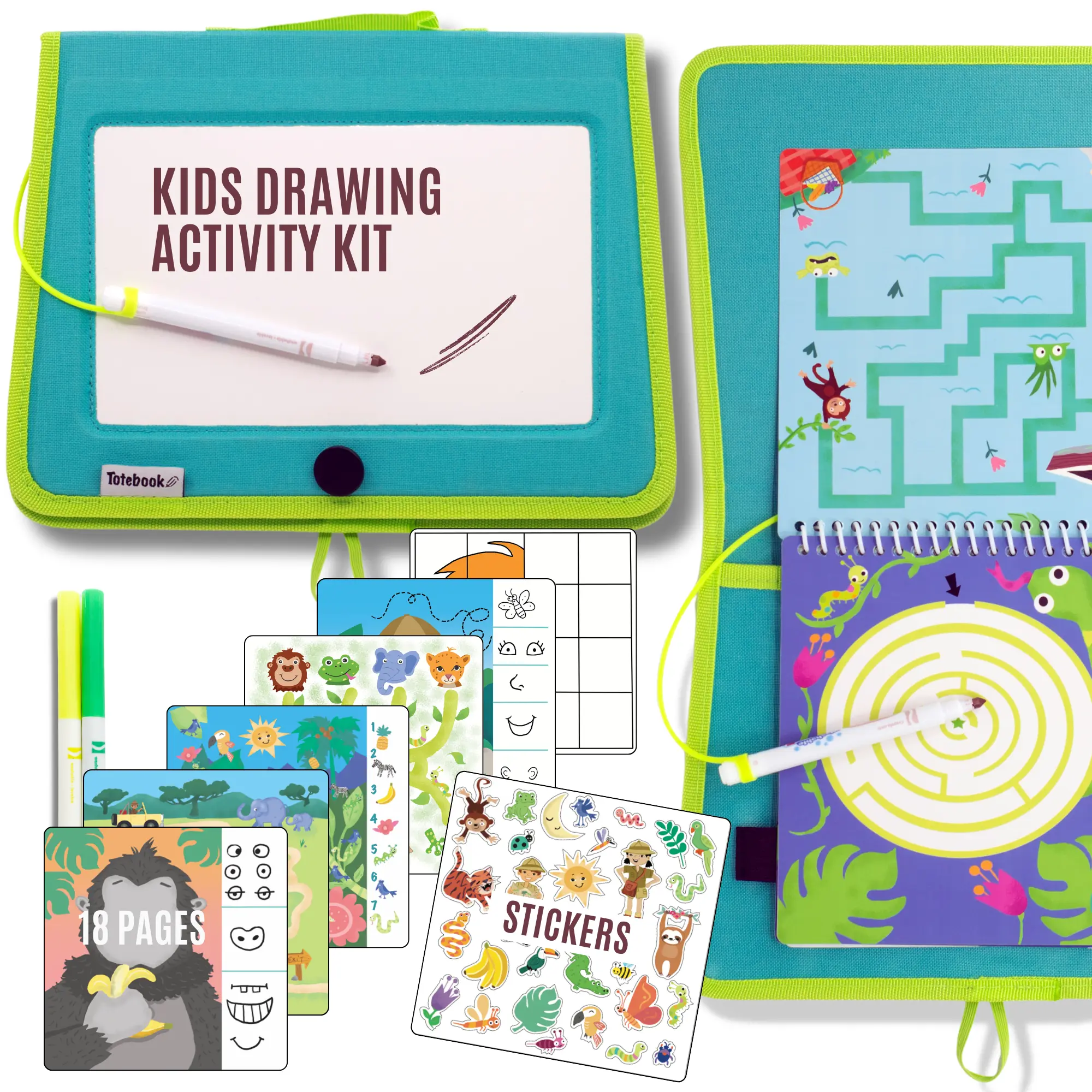 Totebook Kids Dry Erase Travel Activity Kit - Doodle Books, Sticker Sheet, Drawing Mazes, Reusable Stickers, Erasable Surface, Screen-Free Educational Arts & Crafts Toy for Ages 4-6, Kids Gifts