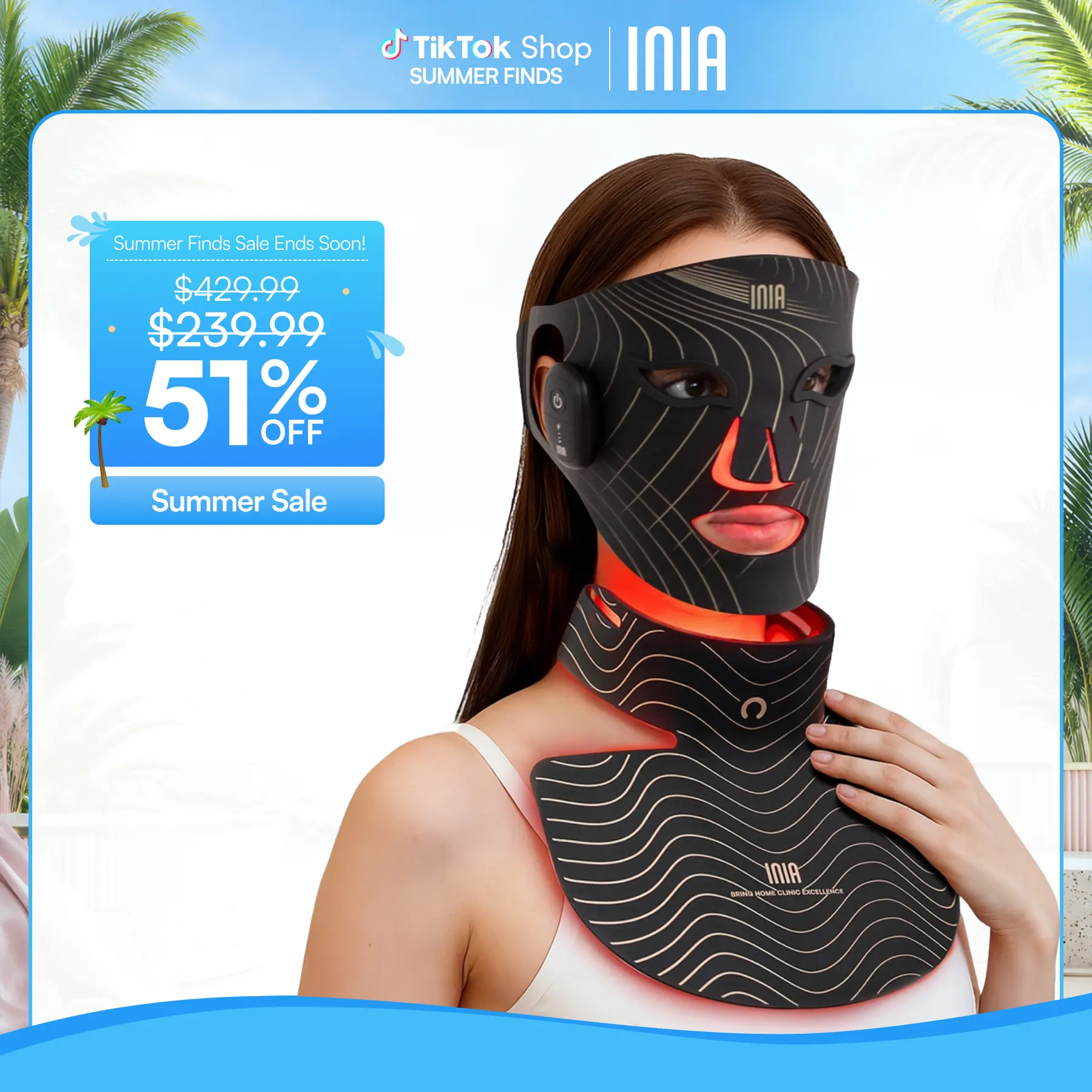 INIA GLOW Wireless Red Light Face & Neck & Chest Mask Bundle – 630nm & 850nm Red Light Therapy Mask Devices | Skincare Set for Lifting, Firming & Radiant Glow at Home, Rechargeable & Portable with 2-Year Warranty