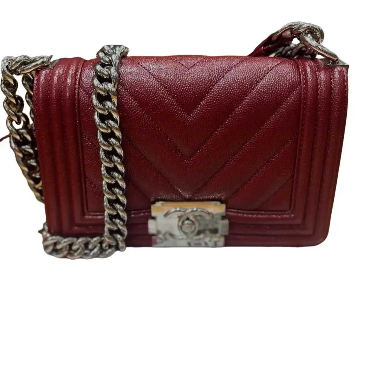 Pre-owned CHANEL Lambskin Crossbody Bags Caviar Chevron Quilted Boy Flap in Maroon 2020 Crossbody Bag with Chain Strap & Authenticity Certificate