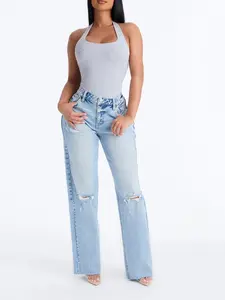 90s Classic Mid Rise Ripped Stretch Straight Leg Jeans - Light Wash