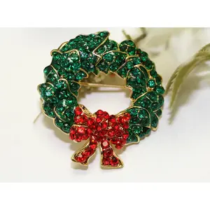 Vintage Rhinestone Christmas Wreath Brooch With Red Bow, Xmas Holiday Jewelry Gift, Wreath Pin