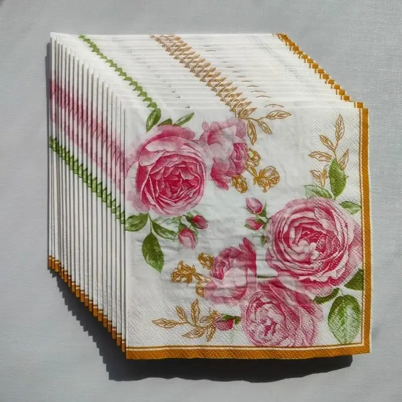 20pcs 33cm 2-Ply Rose Flower Paper Napkins Party Decoration Paper Placemats Wine Glasses Flower Paper DIY Decoupage