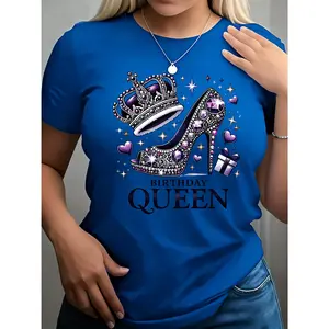 100% pure cotton, multiple colors available, birthday queen pattern short sleeve round neck casual women's T-shirt, lightweight and soft fabric suitable for attending birthday parties, women's gift, birthday gift, friend gift, sister gift, holiday gift